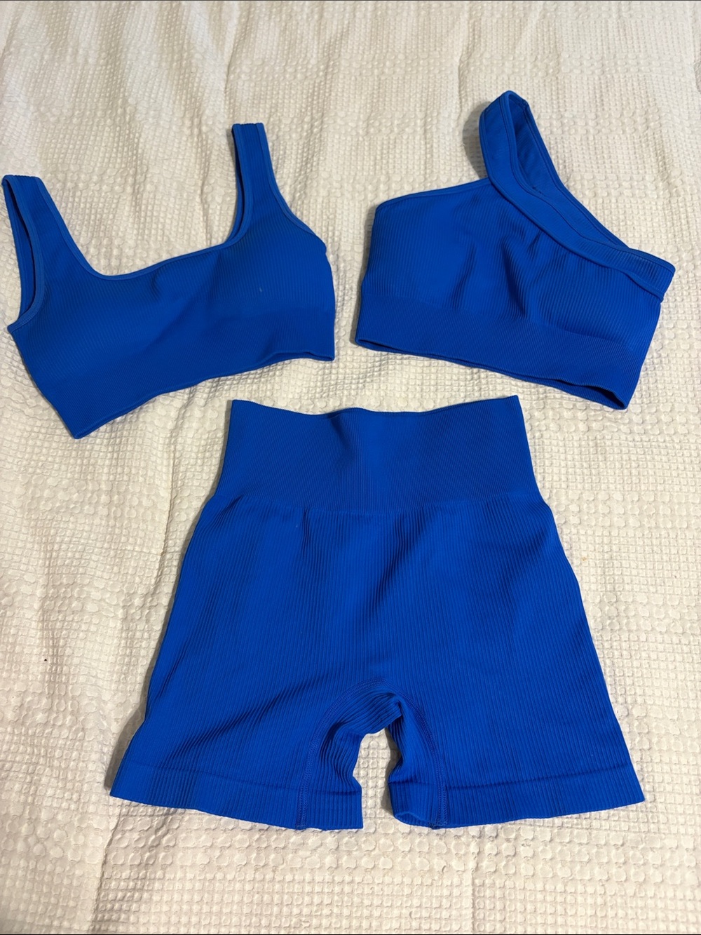 Women’s Ribbed 3 piece set High-Waist Bike Shorts and two spandex bra tops
